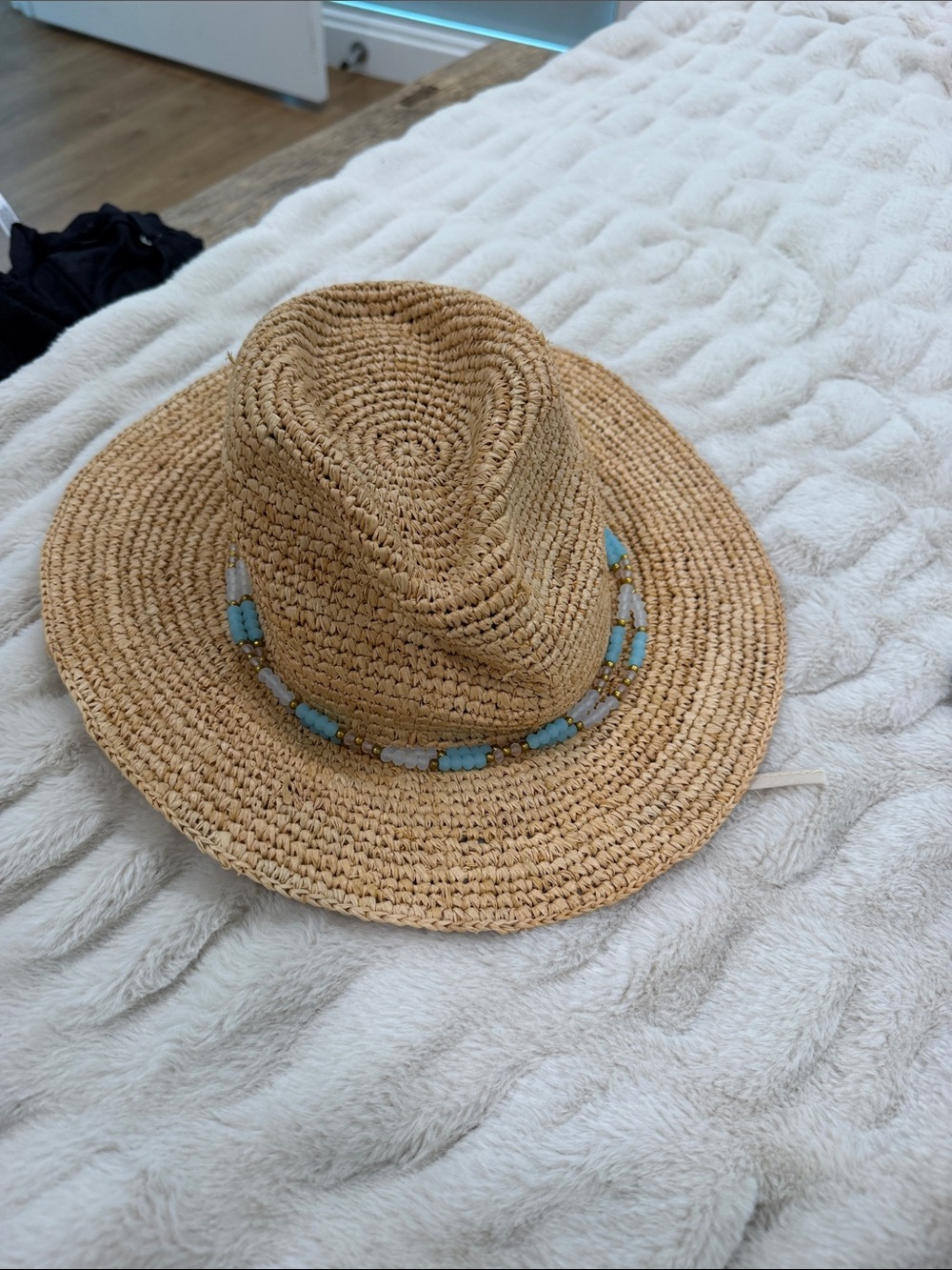 Tan Straw Fedora with Turquoise Bead Trim